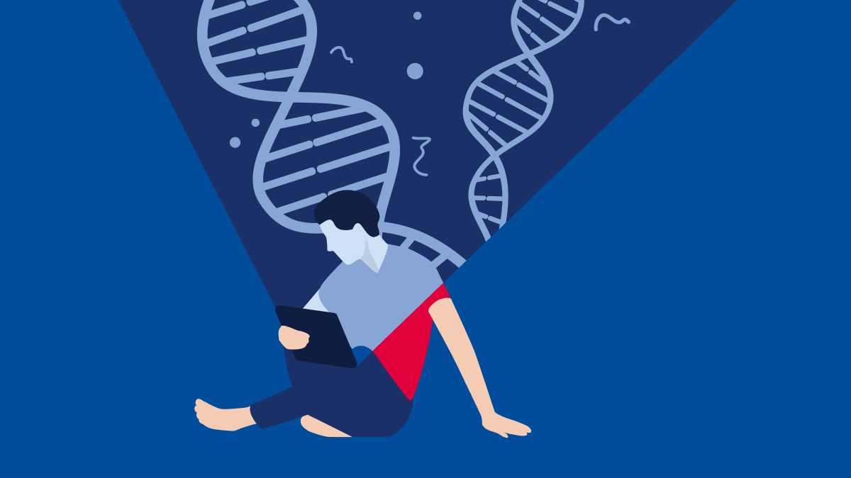 Illustration, man browsing biotech content on mobile device